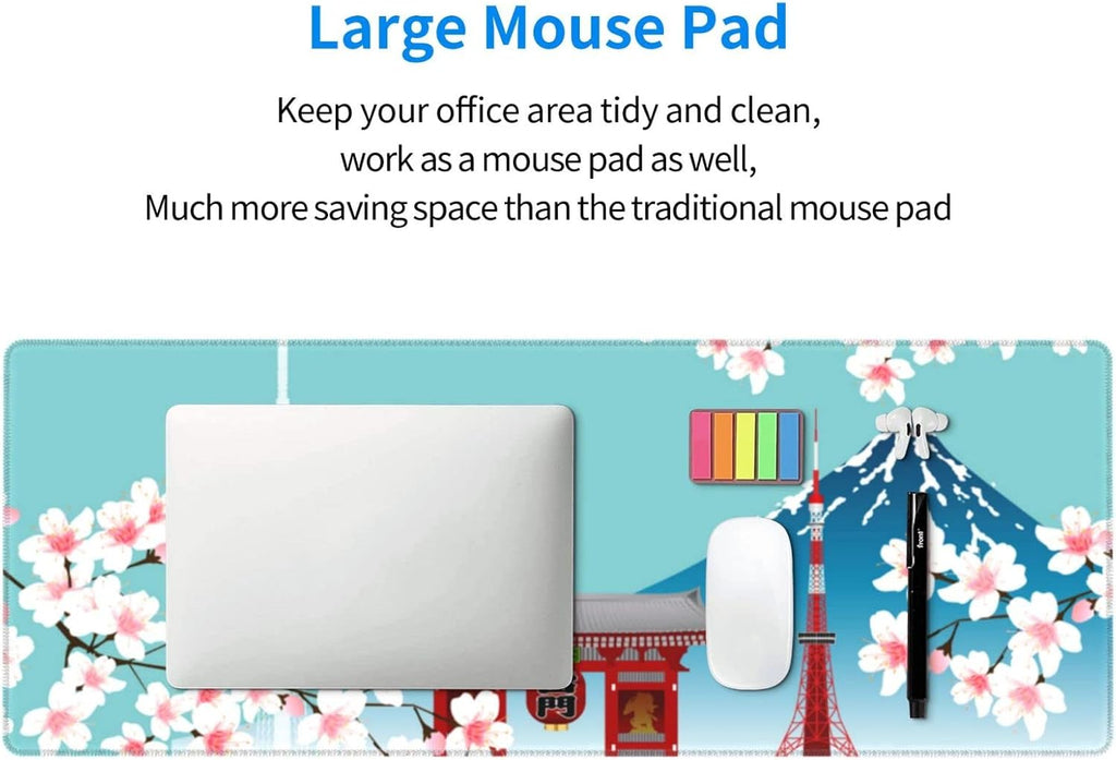 XL Japanese Cherry Blossom Large Gaming Mouse Pad, Long Extended Full Desk Mat for Desktop Keyboard Table with Mount Fuji Tokyo, Cute Big Mousepad Gifts for Women Office, 31.5 * 11.8 In