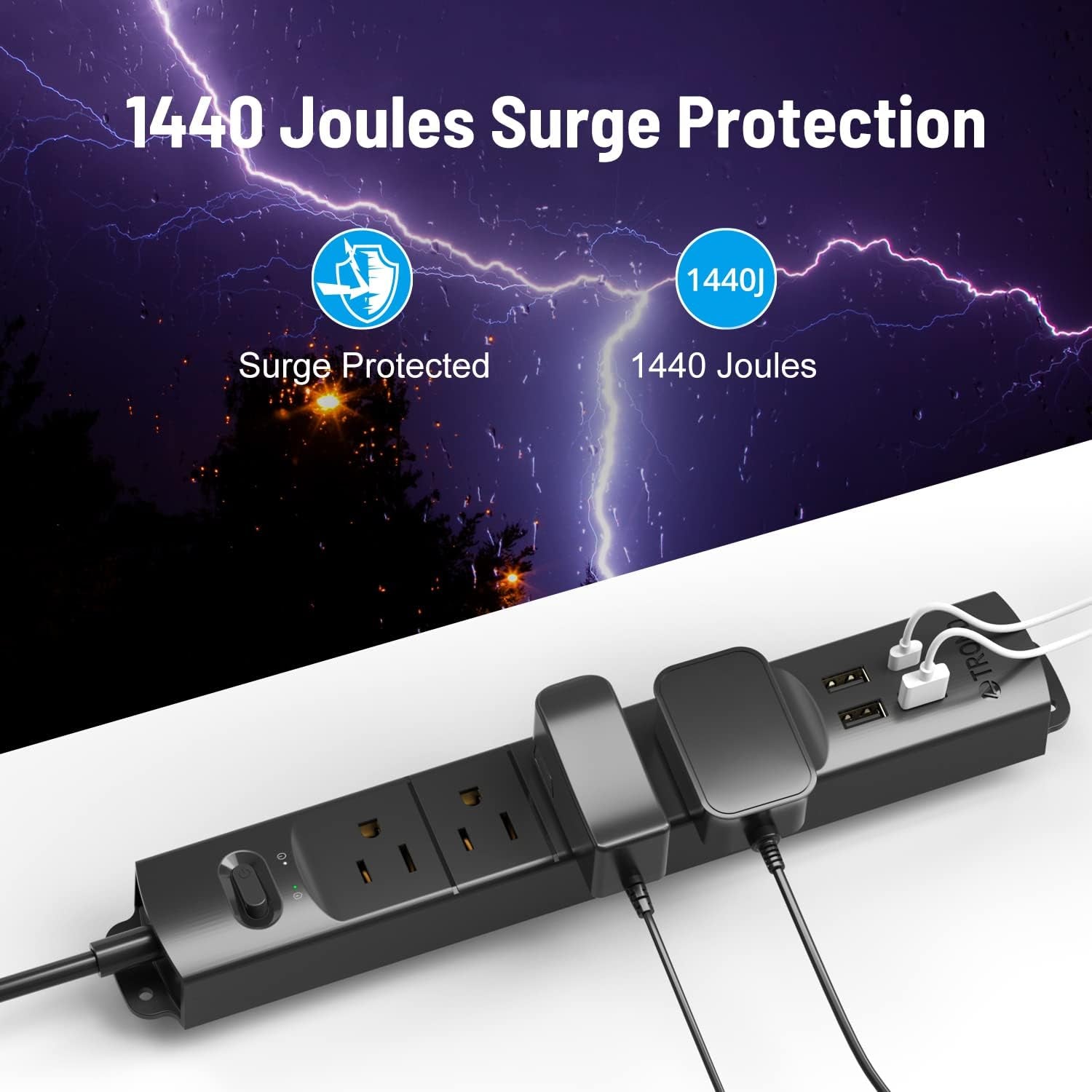 Surge Protector Power Strip with USB, Ultra Thin Flat Plug 6Ft Long Extension Cord 1625W, 3 USB a & 1 Type C, 4 AC Outlets 1440J Surge Protection Wall Mount for Home Office Dorm Room, Black
