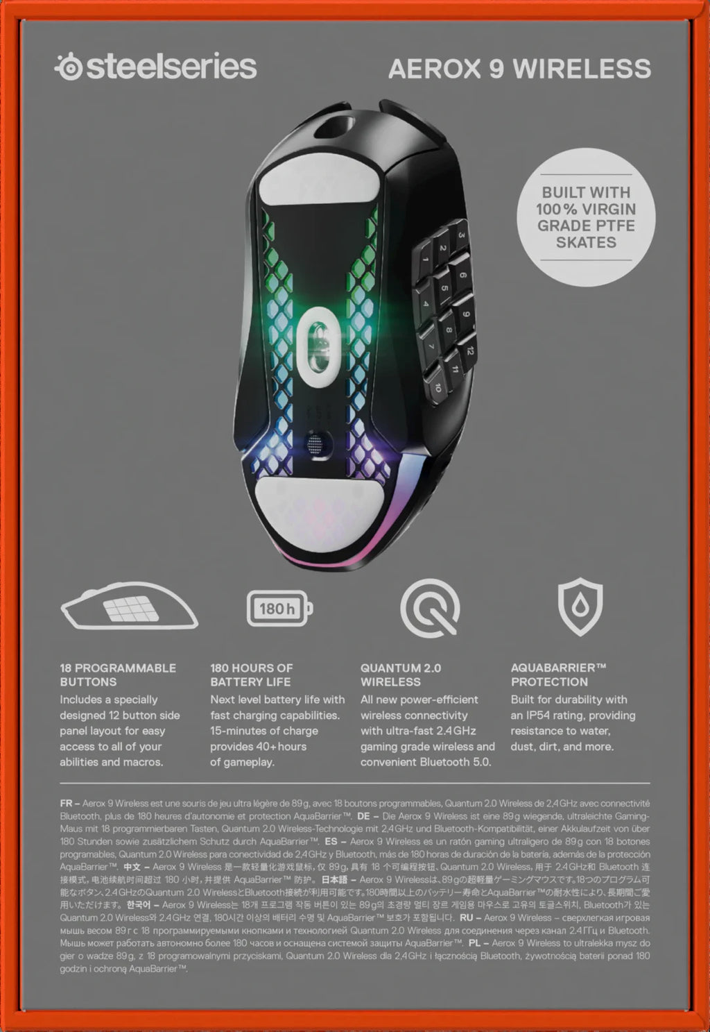 Aerox 9 Wireless Ultra Lightweight Honeycomb Water Resistant RGB Optical Gaming Mouse with 18 Programmable Buttons