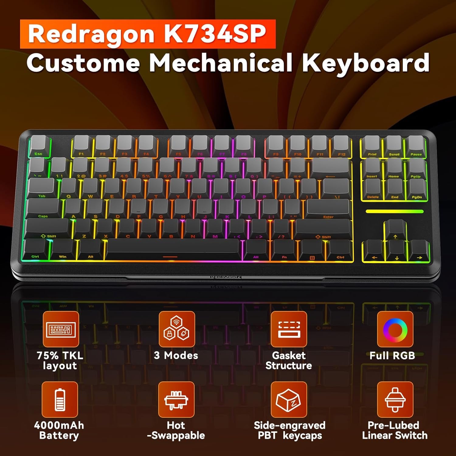 Wireless Mechanical Keyboard,3-Modes Bluetooth Gasket Hot Swappable TKL RGB Custom Keyboard,Pre-Lubed Switches,Side Printed PBT Gradient Keycaps, South-Facing Leds Socket
