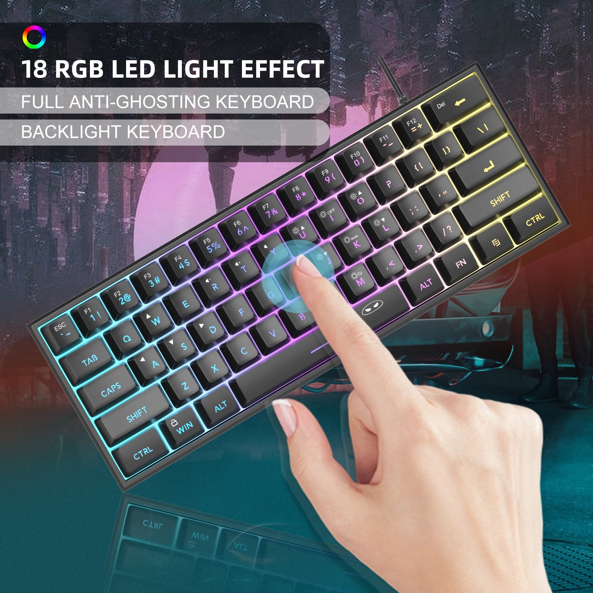 Elevate Your Gaming Experience with the Mini 60% RGB Backlit Keyboard - Ultra-Compact, Waterproof, and Ergonomically Designed for Comfort