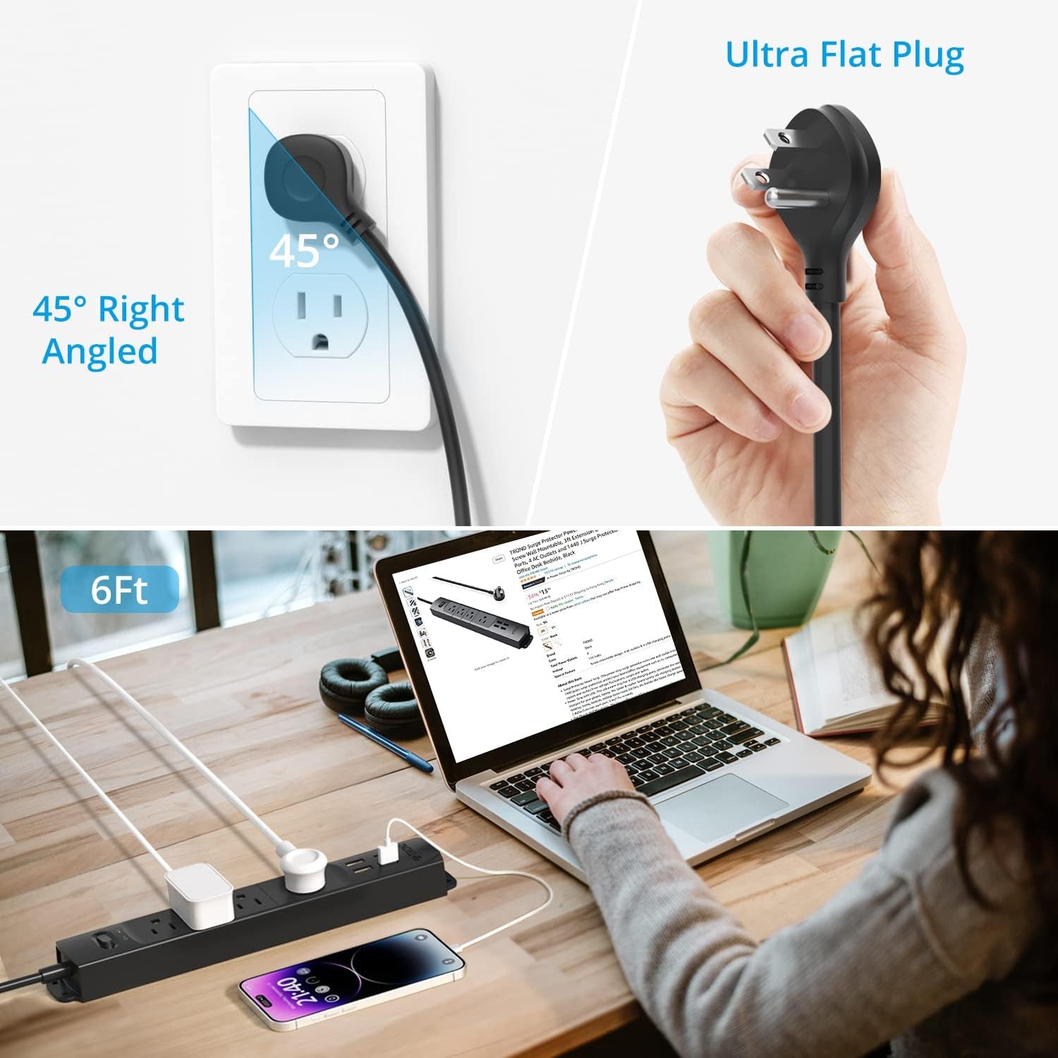 Surge Protector Power Strip with USB, Ultra Thin Flat Plug 6Ft Long Extension Cord 1625W, 3 USB a & 1 Type C, 4 AC Outlets 1440J Surge Protection Wall Mount for Home Office Dorm Room, Black