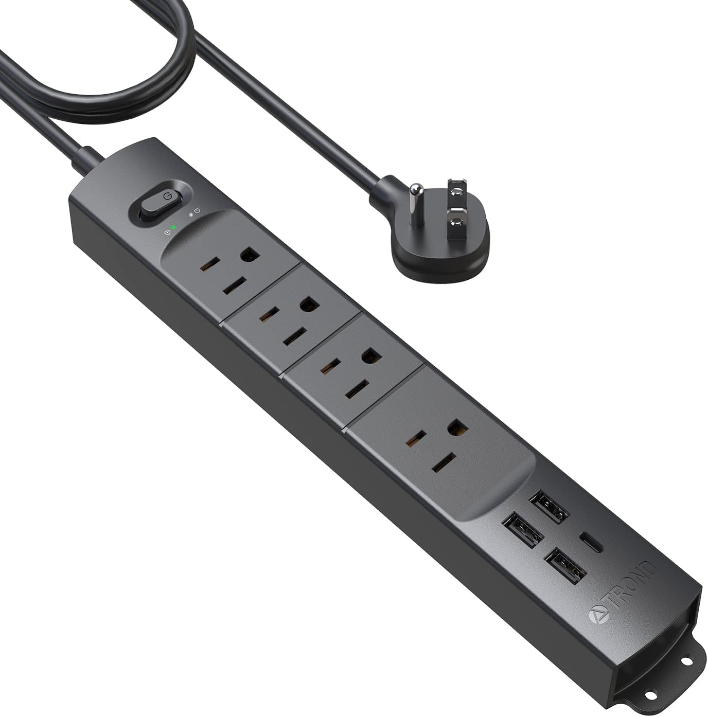 Surge Protector Power Strip with USB, Ultra Thin Flat Plug 6Ft Long Extension Cord 1625W, 3 USB a & 1 Type C, 4 AC Outlets 1440J Surge Protection Wall Mount for Home Office Dorm Room, Black