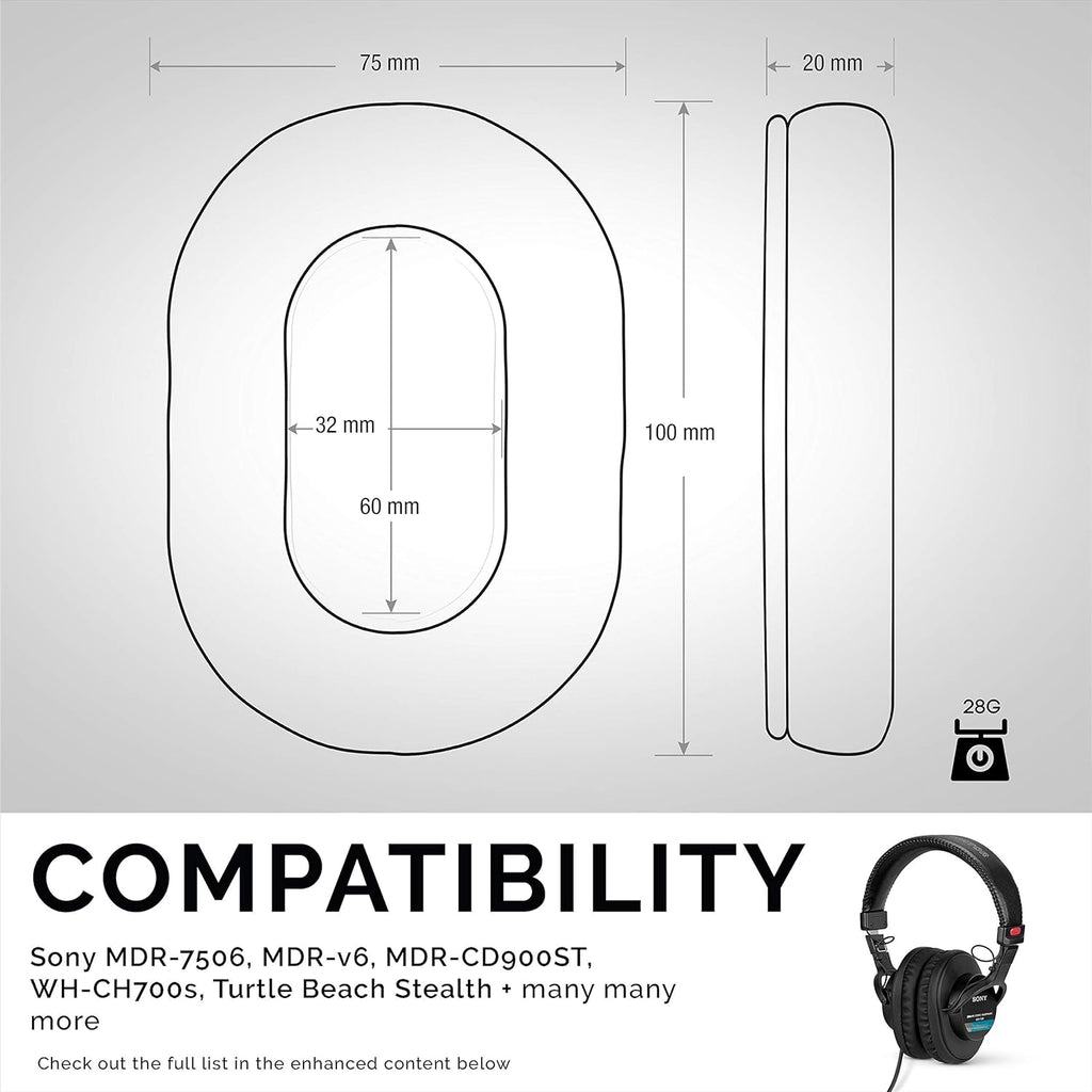 Replacement Earpads for Sony MDR 7506 Headphones - Quality Vegan Leather, Memory Foam Comfort, Long Lasting & Durable, Also Works with Headphones like Steelseries Arctis, ATH-M50X & More