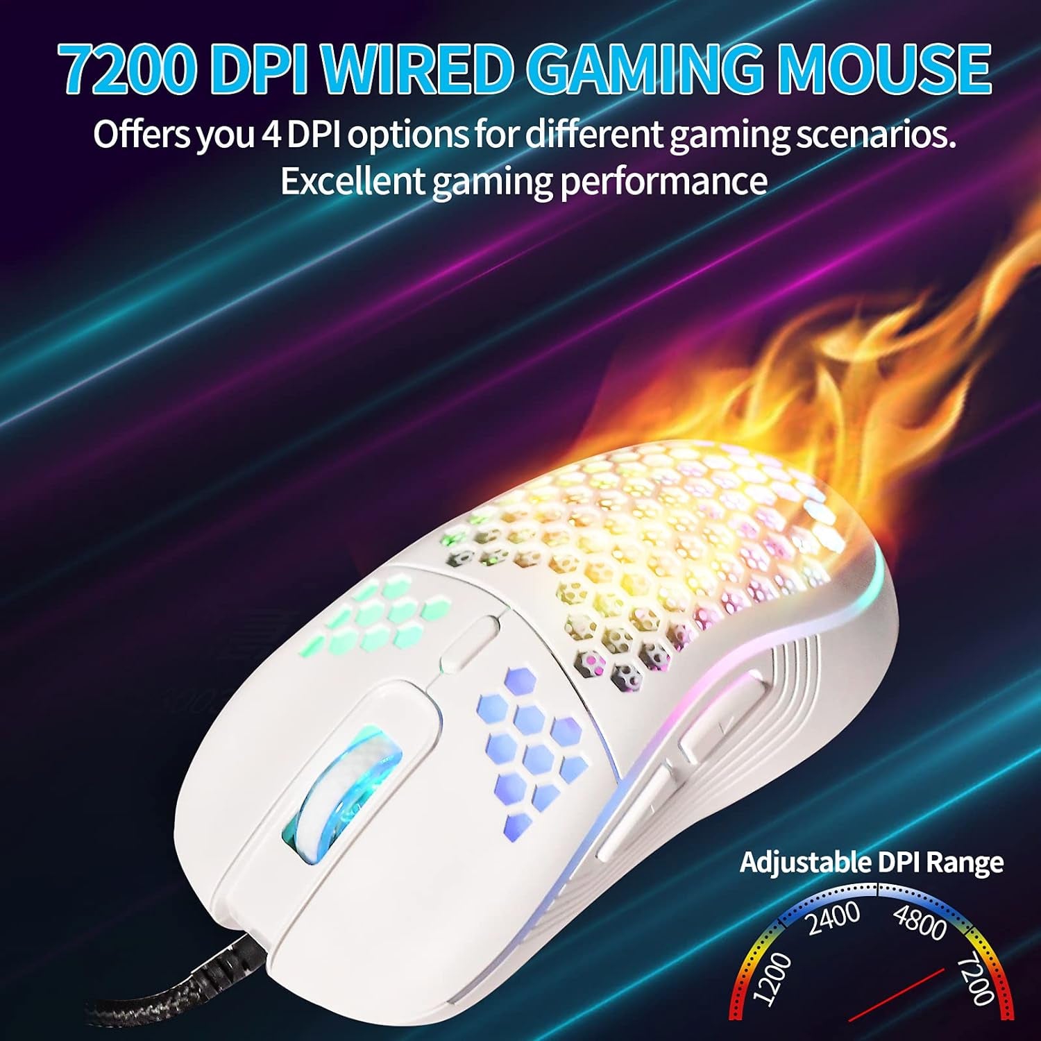 Honeycomb Wired Gaming Mouse with RGB On/Off Switch, 7200 Adjustable DPI, Ergonomic Lightweight Design & High Precision Sensor for Pc/Mac Gamers (White)