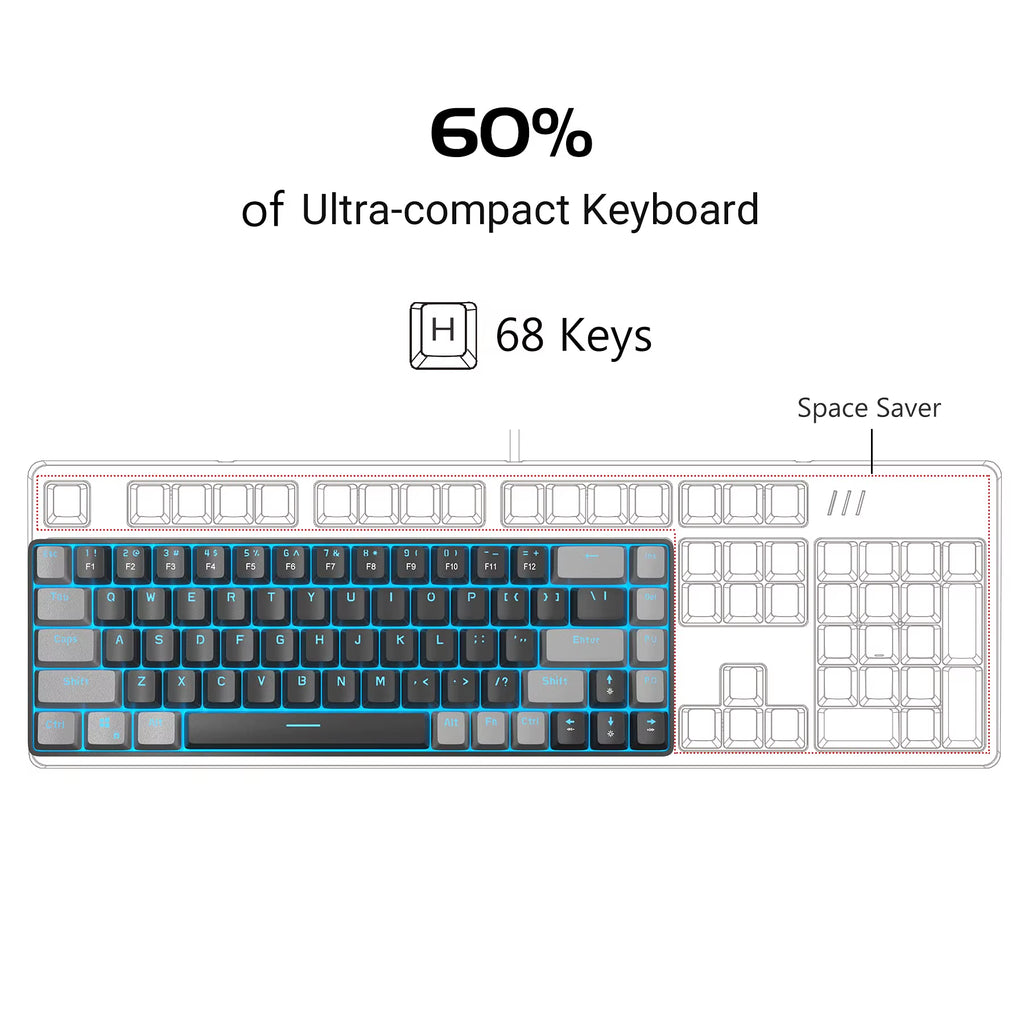 Portable 60% Mechanical Gaming Keyboard, Mk-Box LED Backlit Compact 68 Keys Mini Wired Office Keyboard for Windows PC