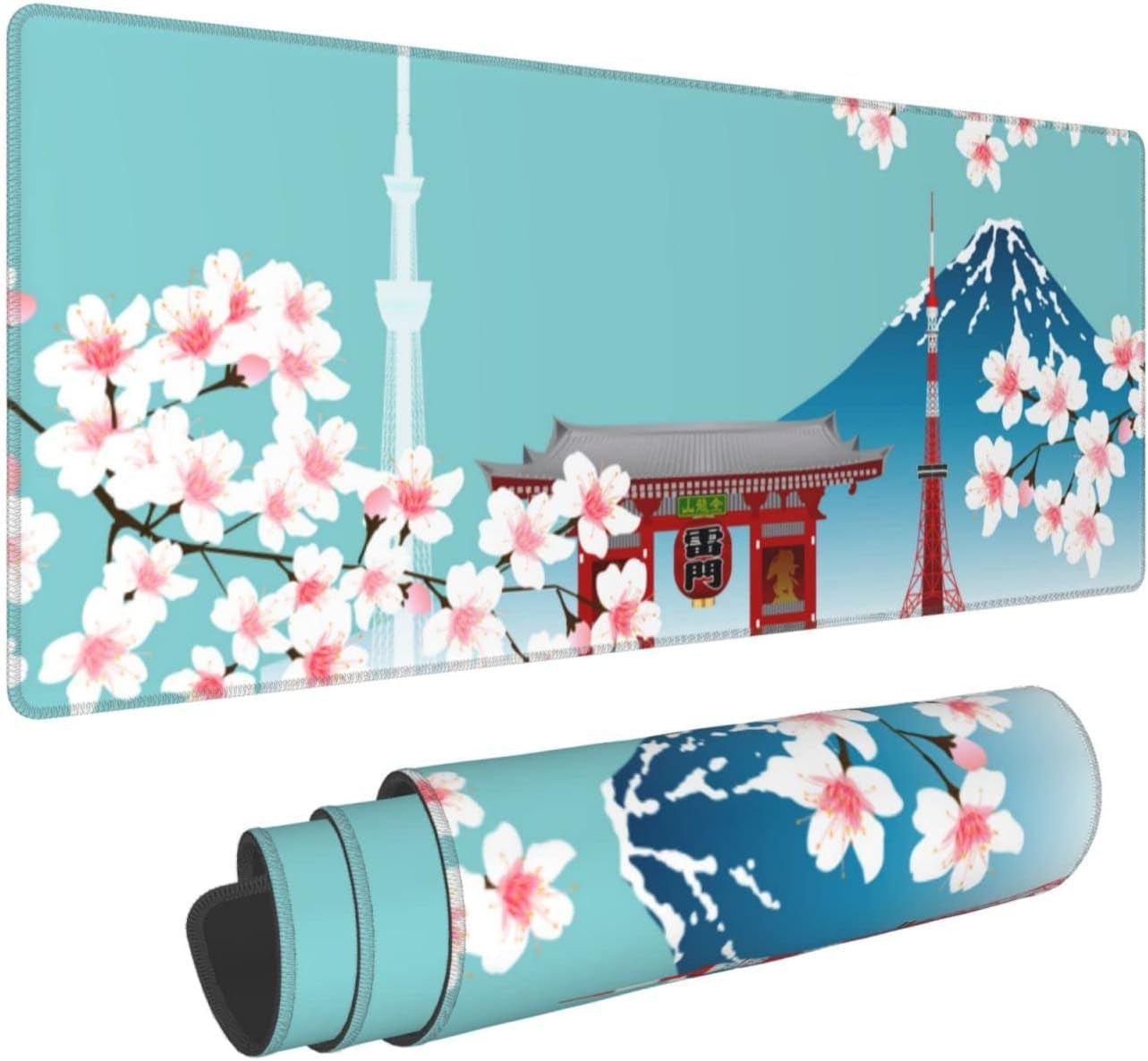 XL Japanese Cherry Blossom Large Gaming Mouse Pad, Long Extended Full Desk Mat for Desktop Keyboard Table with Mount Fuji Tokyo, Cute Big Mousepad Gifts for Women Office, 31.5 * 11.8 In