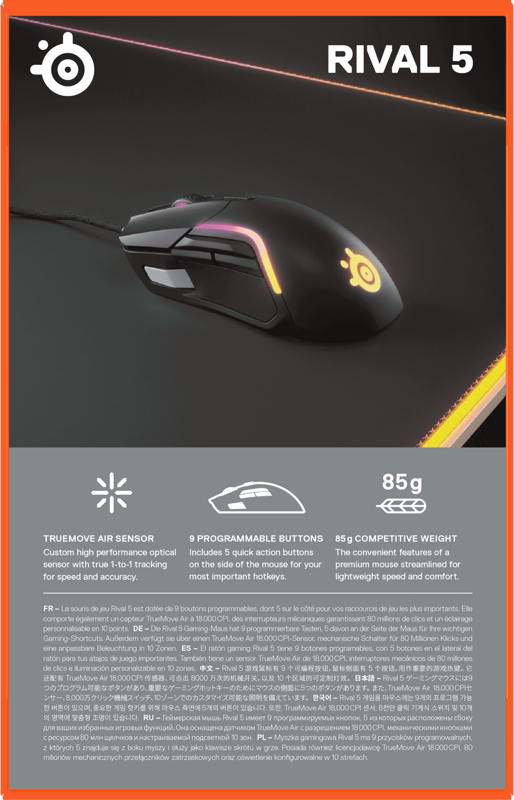 Rival 5 Gaming Mouse with 9 Programmable Buttons and 18K CPI Truemove Air Optical Sensor