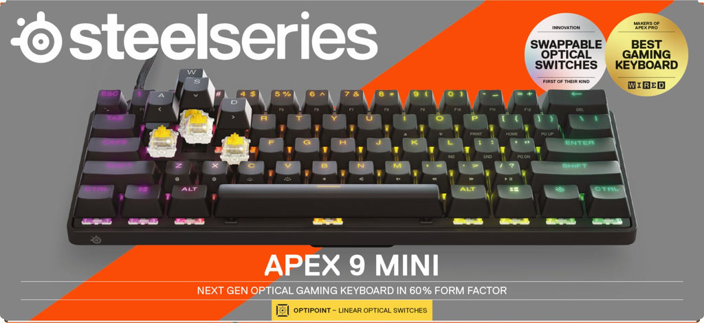 - Apex 9 Mini Gaming Keyboard 60% Wired Optipoint Adjustable Actuation Switch with RGB Lighting - Black