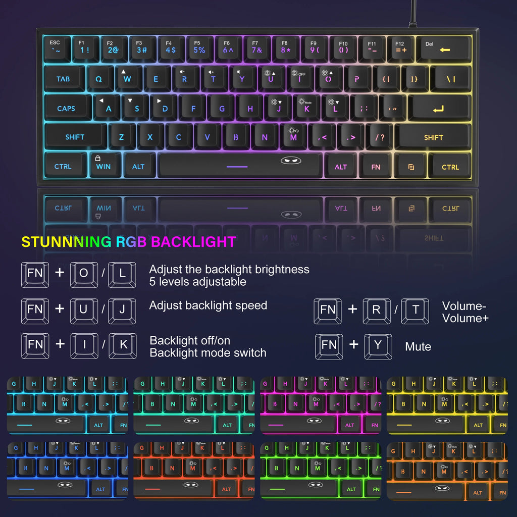 Mini 60% Gaming Keyboard, RGB Backlit 61 Key Ultra-Compact Keyboard, TS91 Ergonomic Waterproof Mechanical Feeling Office