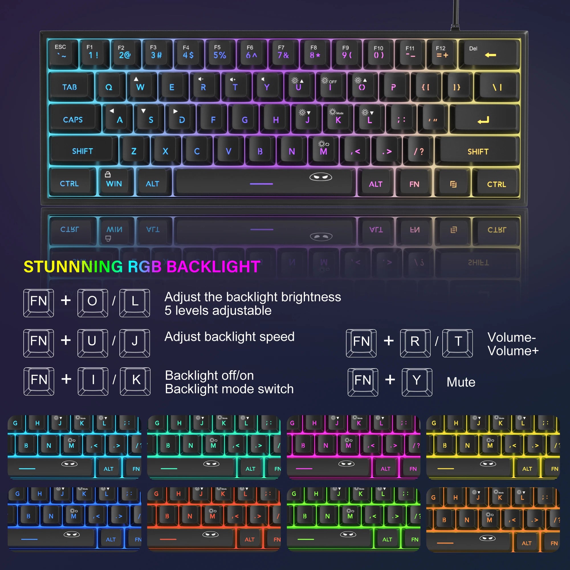Mini 60% Gaming Keyboard, RGB Backlit 61 Key Ultra-Compact Keyboard, TS91 Ergonomic Waterproof Mechanical Feeling Office