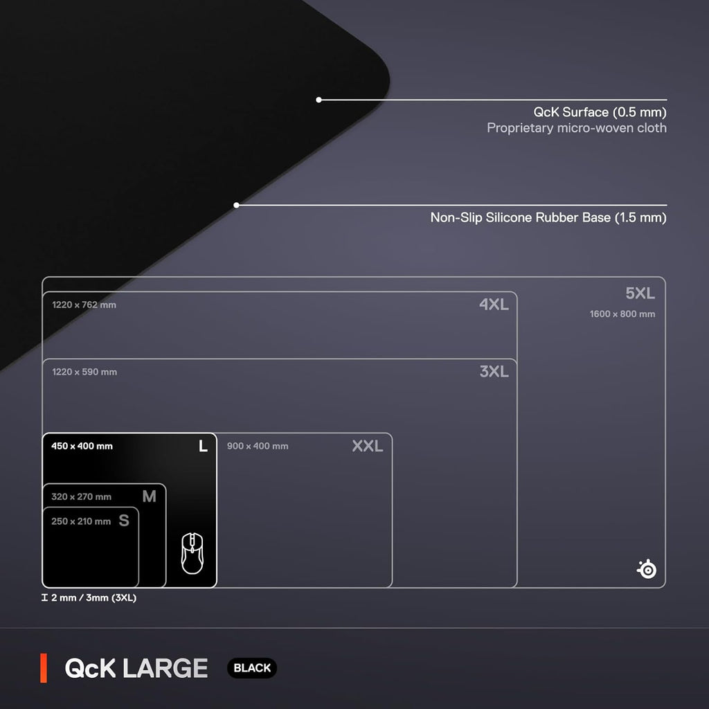 Qck Large Gaming Mousepad — Black — Non-Slip Silicone Rubber Base — Peak Tracking and Stability — Optimized for Gaming Sensors — 490 Mm X 420 Mm — FPS, Mobas, RTS, MMO