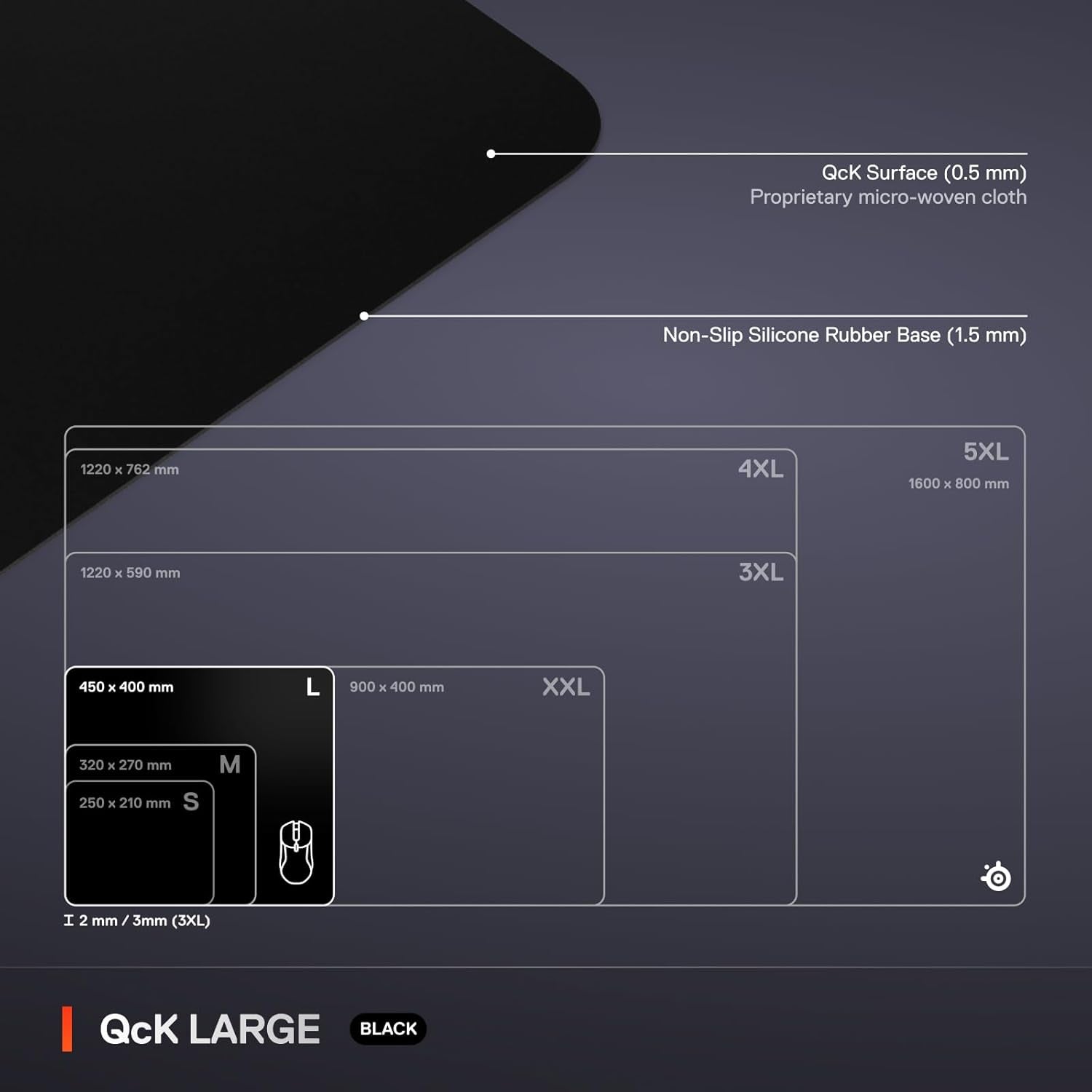 Qck Large Gaming Mousepad — Black — Non-Slip Silicone Rubber Base — Peak Tracking and Stability — Optimized for Gaming Sensors — 490 Mm X 420 Mm — FPS, Mobas, RTS, MMO